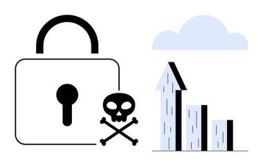 Bir kafatası ve çapraz kemikle kilit, bir bulut altında veri büyümesini gösteren bar çizelgesi. Siber güvenlik, veri koruması, risk, hackleme, büyüme analizleri, çevrimiçi güvenlik, basit iniş sayfası için ideal