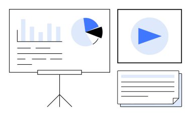 Bar grafiği, pasta grafiği, video ekranı ve istiflenmiş belgelerle sunum tahtası. Analiz, eğitim, toplantılar, proje planlama materyalleri araştırma konferansları için idealdir. Basit düz