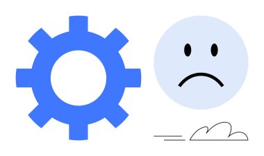 Mavi dişli ve üzgün yüzlü, duygu ve teknolojiyi birleştiren basit bir bulutun yanında. Meydan okumalar, sorun giderme, verimsizlik, tatminsizlik, hata, hüsran iş-yaşam dengesi için idealdir. Basit.