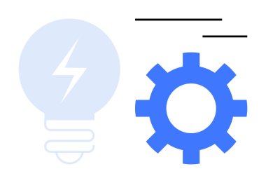 Yıldırımlı ampul yaratıcılığı simgeler, dişli mekanizmayı simgeler. Yenilik, teknoloji, mühendislik, problem çözme, otomasyon, araştırma girişimciliği için idealdir. Basit düz
