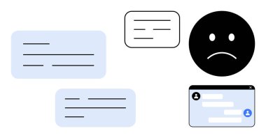 Metin baloncukları ve sohbet arayüzü ile birlikte üzgün yüz simgesi kötü iletişim veya çevrimiçi sorunları vurguluyor. Çatışma çözümü, sosyal medya, dijital etkileşim, eleştiri, müşteri geribildirimi için ideal