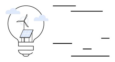 Güneş paneli ve rüzgâr türbinini dağınık bulutların altında barındıran ampul. Sürdürülebilirlik için ideal, yeşil enerji, yenilikçi fikirler, eko-teknoloji, temiz enerji, çevre bakımı, basit iniş sayfası
