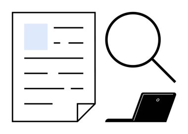 Büyüteç, bir dizüstü bilgisayarın yanında belge detaylarının altını çizer. Araştırma, analiz, inceleme, veri teftişi, dijital çalışma, soruşturma ve dosya organizasyonu için ideal. Basit düz metafor