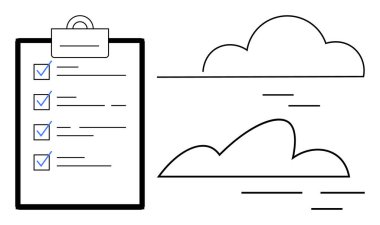 Kontrol listesi ve mavi işaretli pano, asgari çizgili bulutların yanında. Planlama, üretkenlik, hedef izleme, organizasyon, strateji, basitlik ve minimalizm için idealdir. Basit düz metafor