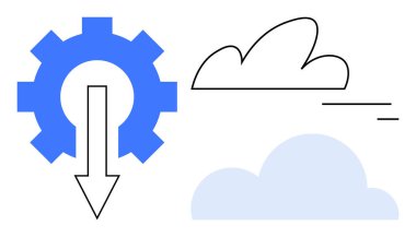 Aşağı doğru ok ve bulut hesaplama, veri indirme ve entegrasyon süreçlerini temsil eden stilize bulutlar. Teknoloji, veri transferi, bulut hizmetleri, otomasyon, yazılım için ideal