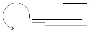 Değişen uzunlukların yatay çizgilerinin yanında kıvrımlı ok kendine geri dönüyor. İş akışı, süreç, geri bildirim, devamlılık, döngü, hareket, yön için ideal. Basit bir düz metafor.