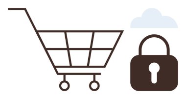 Kilit ve bulutun yanındaki minimalist kahverengi alışveriş arabası, güvenli işlemleri ve veri korumasını simgeliyor. E-ticaret, siber güvenlik, bulut depolama, çevrimiçi perakende, mahremiyet, dijital