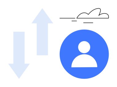 Kullanıcı simgesi, yukarı doğru ok ve bulut çizgisi olan mavi daire. Konseptler için ideal kullanıcı büyümesi, kariyer geliştirme, veri alışverişi, ağ oluşturma, ilerleme izleme, bulut depolama