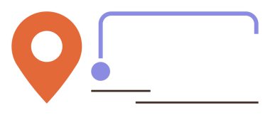 Kırmızı lokasyon iğnesi işaretlenmiş bir noktaya giden eğri bir çizgiyle bağlanmış, minimalist yatay çubuklarla tamamlanmış. Navigasyon, seyahat, yolculuk haritalama, lojistik ve teknoloji için ideal