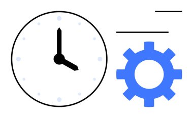 İşlemleri ve verimliliği sembolize eden mavi bir dişlinin yanında geçen zamanı gösteren saat. Planlama, iş akışı, teslim tarihleri, verimlilik, otomasyon, iş için ideal, basit düz metafor