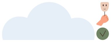 Büyük mavi bulut, gülümseyen bir yüz maskesi tutan el ve yeşil işaret. Güvenlik, kimlik, veri gizliliği, kimlik doğrulama, onaylama, çevrimiçi güven doğrulaması için idealdir. Basit düz metafor