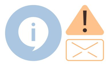 Dairesel bilgi simgesi, ünlemli uyarı üçgeni ve zarf. İletişim, bilgilendirme, geri bildirim, uyarı, e-posta, müşteri hizmetleri için ideal. Basit düz metafor