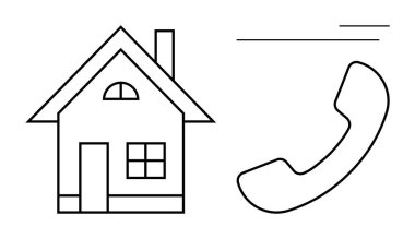 Ev bağlantısını, iletişimi ve desteği sembolize eden bir ev ve telefon alıcısı taslağı. Müşteri hizmetleri, güvenlik, emlak, ev hizmetleri, uzaktan çalışma, teknoloji için idealdir.