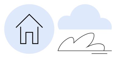 Açık mavi bir daire içinde, bulut ve stilize bir çalıyla eşleştirilmiş bir evin ana hatları. Gayrimenkul, mimari, doğa, çevre, hava, sürdürülebilirlik sadeliği için idealdir. Düz temiz