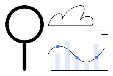 Büyüteç, bulut ve çizgi grafiği analizi, büyümeyi ve teknolojiyi vurgulayan çizelge tasarımı. Araştırma, bulut hizmetleri, iş görüşleri, veri çözümleri eğilimleri için ideal yenilik