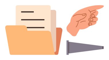 Görünür belgelerle dolu bir klasör, ona bakan bir el ve megafon. Veri paylaşımı, organizasyon, iletişim, takım çalışması, dosya yönetimi yönü ve bilgi erişimi için ideal. A