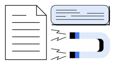 Cazibe, pazarlama, organizasyon ya da içerik yönetimi için mıknatıslı sayfalar ve metin bloğu metaforu. Dijital pazarlama, SEO, reklamcılık, içerik oluşturma, iş büyümesi için ideal