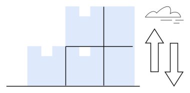 Yığınlanmış blok şekilleri yukarı ve aşağı ve yukarı doğru grafikler çiziyor. Bulut sembolü soyutlamayı ekler. Büyüme, düşüş, yapı, denge, ilerleme, strateji için ideal, basit düz