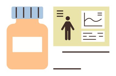 Sağlık panelinin yanındaki ilaç şişesinde insan figürü ve veri tablosu sağlık analizlerini gösteriyor. Temalar için ideal ilaç tedavisi, sağlık izleme, tıbbi araştırma, eczane