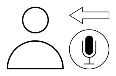Kişi simgesi, dairesel mikrofon ve ses giriş yönünü gösteren ok. Teknoloji, ses iletişimi, kullanıcı arayüzü, ses yardımı, konuşma tanıma, podcast ve basit