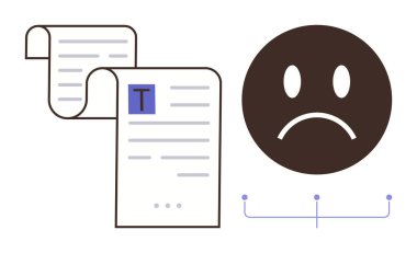 Tatminsizliği ya da olumsuz geri bildirimi temsil eden somurtkan bir yüzün yanında metin kaydırmalı belgeler. İletişim, eleştiri, değerlendirme, ruh hali, psikoloji, iş, duygu için ideal. Basit düz