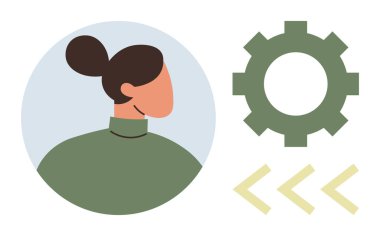 Dişli ve okların yanında minimalist tasarım yapan bir kadın ilerleme, takım çalışması ve gelişimi öneriyor. Yenilik, koçluk, kariyer geliştirme, kendini geliştirme, liderlik, teknoloji için ideal