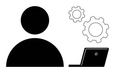 Bir dizüstü bilgisayarın yanında siyah bir siluet ve otomasyon, işbirliği ve dijital süreçleri gösteren iki vites. Teknoloji, takım çalışması, iş operasyonları, veri yönetimi için ideal