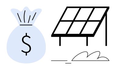 Yerde bir güneş panelinin yanında dolar işareti olan para çantası. Yenilenebilir enerji, sürdürülebilirlik, eko-finans, yatırım, temiz enerji, maliyet verimliliği, basit düz metafor