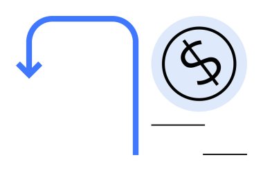 Mavi aşağı doğru giden ok sola doğru çevrili bir dolar işareti ile, finansal süreci, karar verme sürecini ve maliyet yönetimini gösteriyor. İş, yatırım, tasarruf, bütçe ve ekonomi için ideal