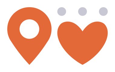 Turuncu lokasyon iğnesi ve üç gri noktayla eşleştirilmiş kalp simgesi. Navigasyon, aşk, bağlantı, ilişkiler, teknoloji entegrasyonu, konum hizmetleri, asgari tasarım için ideal. Basit düz metafor