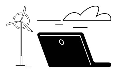 Rüzgar türbini, bulut ve dizüstü bilgisayar yenilenebilir enerji, teknoloji, sürdürülebilirlik, yenilik, çevre dostu çözümler, temiz enerji bağımlılığı ve sürdürülebilir ilerlemeyi vurguluyor. Teknoloji için ideal.