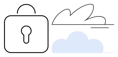 Tarz verilmiş bulutların yanında kilit deliği olan asma kilit güvenli bulut bilgisayarını, mahremiyetini ve veri korumasını temsil ediyor. Siber güvenlik için ideal, bulut depolama, bilişim, şifreleme, ağ güvenliği gizliliği. Basit düz