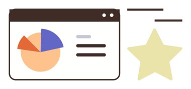 Web gösterge panelinde performans, analitik ve kaliteyi gösteren yıldız ve metin elemanlarıyla birlikte turta grafiği. Veri görselleştirme, analiz, performans, takım çalışması, geri bildirim, araştırma için ideal düz