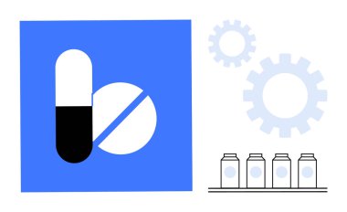 Kapsül, tablet, dişliler ve ilaç şişeleri basit bir düz metaforda ilaç üretimi, sağlık, yenilik, üretim, araştırma, biyoteknoloji ve tıbbi teknolojiyi temsil etmektedir.