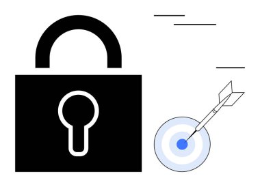 Kara kilit, güvenliği ve mavi hedefi simgeliyor. Dart, hedefe ulaşmayı simgeliyor. Başarı, strateji, siber güvenlik, odaklanma, başarı, hassasiyet ve koruma için idealdir. Basit düz