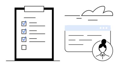 Tamamlanmış görevlere, buluta bağlı arayüze ve kullanıcı profili simgesine sahip kontrol listesi. Organizasyon, verimlilik, iş akışı, planlama, kullanıcı rolleri, takım çalışması için ideal. Basit düz metafor
