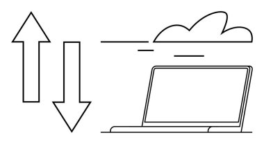 Bulut deposunu temsil eden yukarı ve aşağı oklar vasıtasıyla dizüstü bilgisayara bağlı. Teknoloji, veri alışverişi, internet iletişimi, uzaktan çalışma, yedekleme, bulut çözümleri için ideal, basit düz metafor
