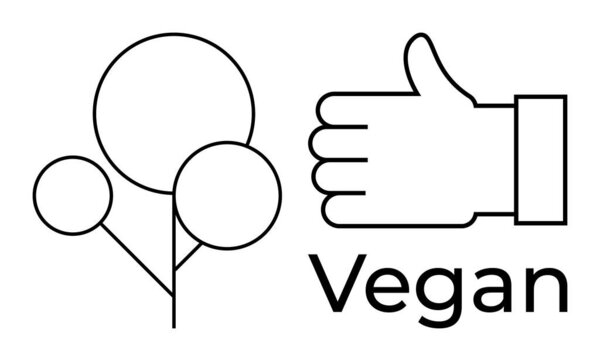Растение с абстрактными круглыми листьями в паре с большим пальцем вверх и веганским текстом. Идеально подходит для устойчивого развития, растительной пищи, веганское одобрение, экологически чистые концепции, этический выбор, натуральные продукты
