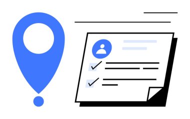 Kontrol işaretleri ve görevleri gösteren satırların olduğu bir kullanıcı profili kartının yanında mavi konum iğnesi. Kullanıcı erişimi, profil yönetimi, görevler, konum izleme, navigasyon kavramları için ideal
