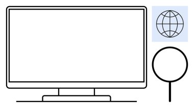 Masadaki monitör, keşif için büyüteç, küresel ağı simgeleyen küre. Dijital arama, teknoloji, internet erişimi, küresel iletişim, web araştırması, sanal çalışma alanları için ideal