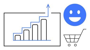 Yukarı doğru ok, mavi gülen surat ve büyümeyi, memnuniyeti ve e-ticaret ilerlemesini görselleştiren alışveriş arabası. İş için ideal, analitik, perakende başarısı, müşteri memnuniyeti