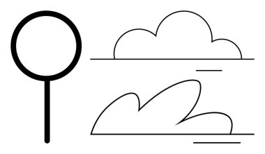 Soyut bulut ve dalga çizgilerine sahip büyüteç, arama, doğa ve keşfi çağrıştırıyor. Öğrenme, analiz, araştırma, merak, şeffaflık, çevre yeniliği için ideal basit düz