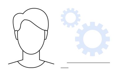 Minimalist insan kafası arka planda düşünme, yenilik, yaratıcılık, takım çalışması, karar verme, öğrenme ve teknolojiyi temsil eden dişlilerle ana hatları. Basit düz metafor için ideal