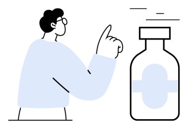 İlaç şişesini işaret eden gözlüklü şahıs tıbbi bakım ve tedaviyi vurguluyor. Sağlık, eğitim, sağlık, eczane, güvenlik, talimat, basit iniş sayfası için ideal