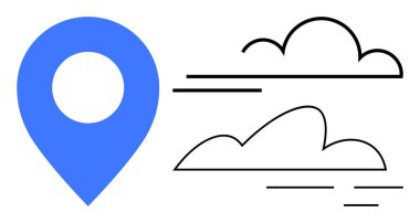 Minimalist bulut çizgilerinin ve hareket çizgilerinin yanındaki mavi lokasyon iğnesi. Navigasyon, seyahat, seyahat, güzergah, hava durumu, konum belirleme, haritalama, açık hava yolculuğu, basit düz metafor