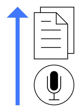 Dikey mavi ok, istiflenmiş belgeler ve siyah daire şeklinde bir mikrofon. İletişim, ses belgeleri, büyüme, ses teknolojisi, üretkenlik, strateji ve basit iniş sayfası için ideal