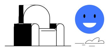 Cesur tek renkli koltuk geometrik tasarımı olan neşeli mavi bir yüzü ve soyut çizgileri olan. Konfor, mutluluk, pozitiflik, modern tasarım, basitlik, rahatlama, yaratıcı