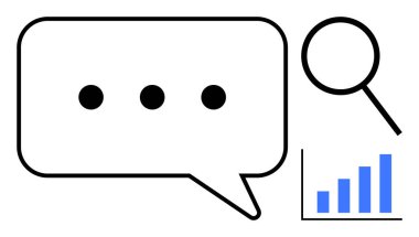 Elips ile konuşma balonu, arama büyüteç, ve mavi ile yükselen bar çizelgesi. Araştırma, analiz, iletişim, pazarlama, veri geribildirim ekibi çalışması için ideal. Basit düz metafor