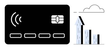 Bar grafiği ve bulutun yanında temassız çipi olan kredi kartı, dijital ödemeyi, finansal büyümeyi, yeniliği, teknoloji eğilimlerini, temassız işlemleri, iş çözümlerini, basit