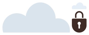 Büyük gri bulut ve kilitli kahverengi asma kilit veri güvenliği ve depolamayı temsil ediyor. Teknoloji için ideal, çevrimiçi güvenlik, gizlilik, veri koruması, bulut depolama, siber güvenlik, basit daire